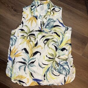 Chico's Size 3 Sleeveless Blouse 100% Linen No Iron Fresh Chic EUC Tropical Xl
